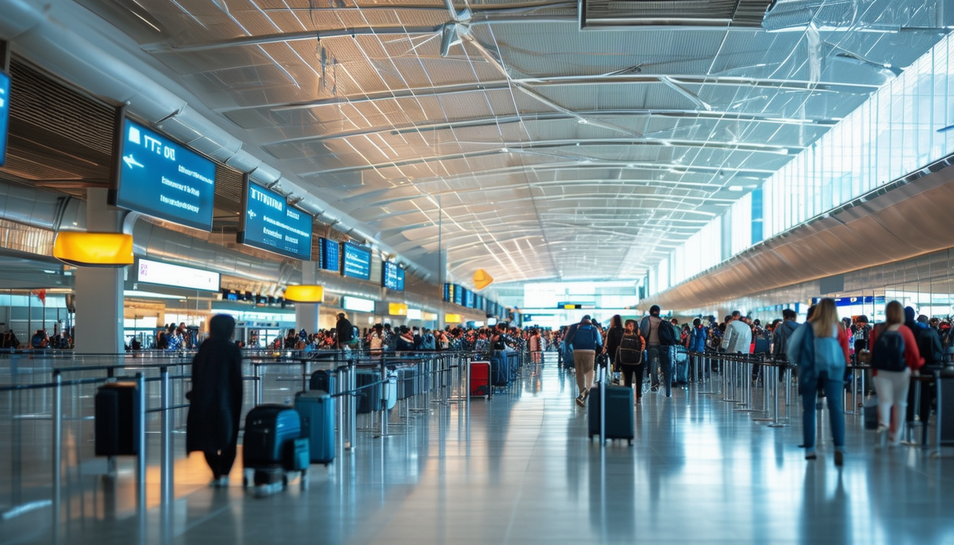 A busy airport terminal with passengers checking i